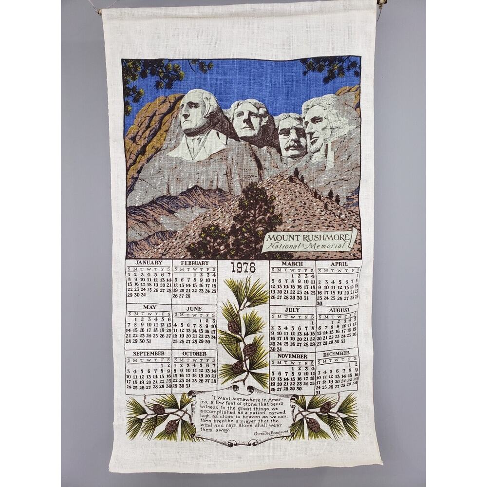 Vintage Linen Wall Hanging 1978 Calendar Mount Rushmore Souvenir Grandma Decor